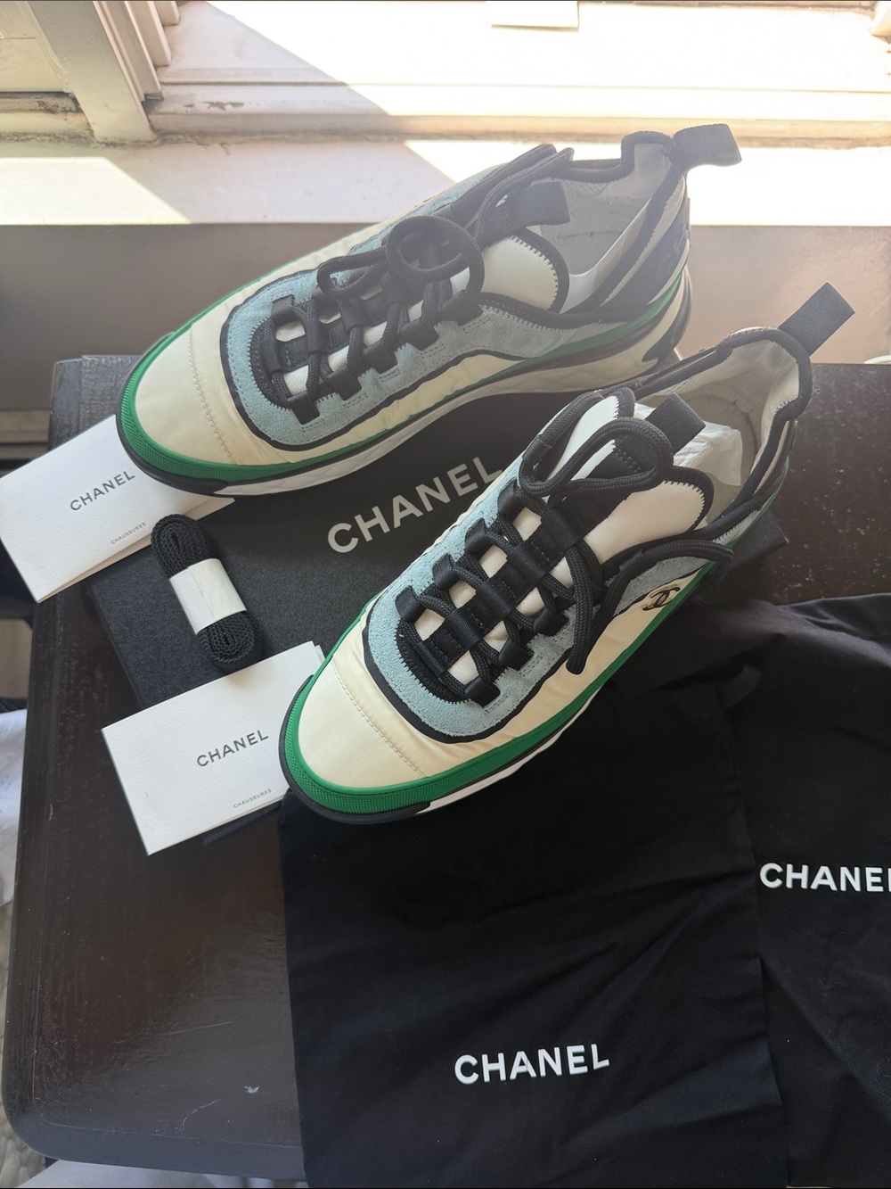 CHANEL White, Black & Green Low-Top Sneakers